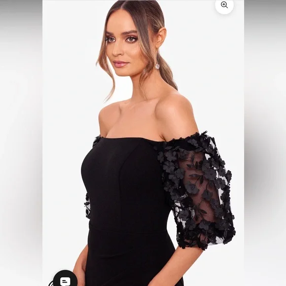 Xscape "MELANIE" 3D FLORAL SLEEVE SCUBA CREPE GOWN Black Size 16 - Picture 2 of 16